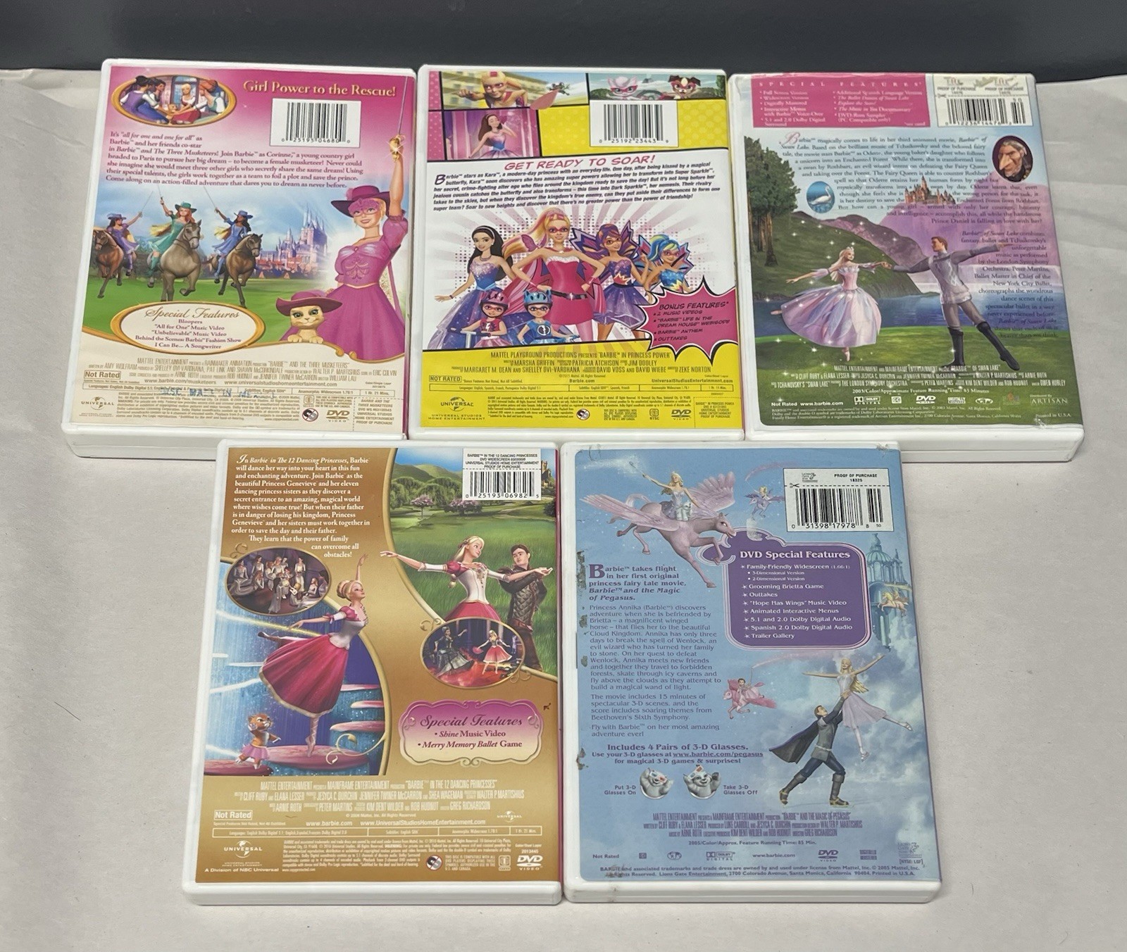 Barbie DVD Lot of 5 Swan Lake Pegasus 12 Dancing Princesses Three Musketeers
