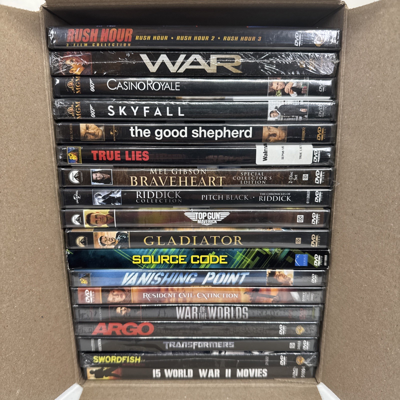 Lot of 18 New Sealed Action DVDs Rush Hour 1-3 James Bond Top Gun Gladiator