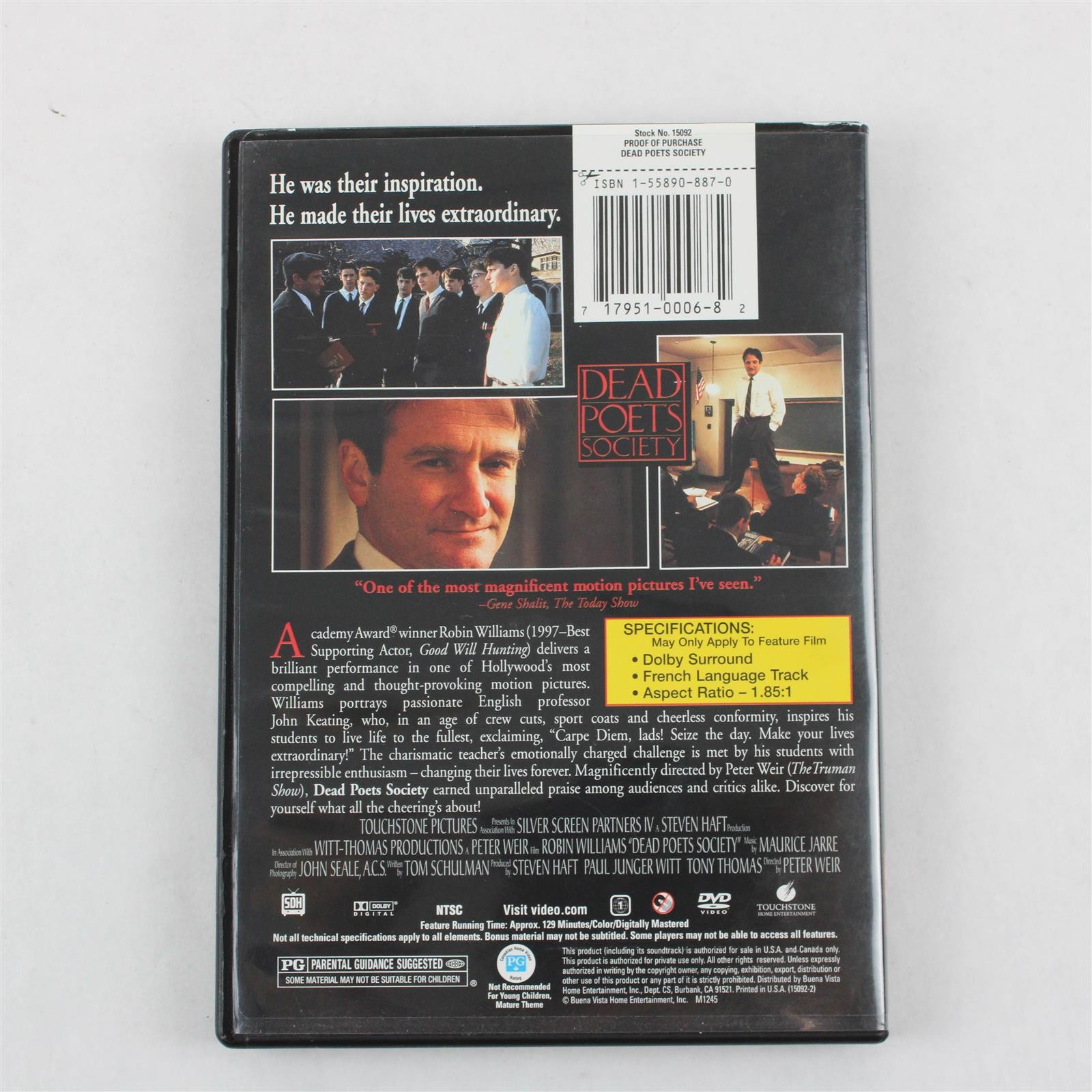 Dead Poets Society Directed By Peter Weir (DVD, 1989, Touchstone Pictures)