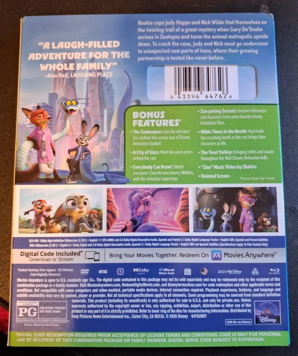 Zootopia 2 Blu Ray + DVD with slipcover NO DIGITAL CODE