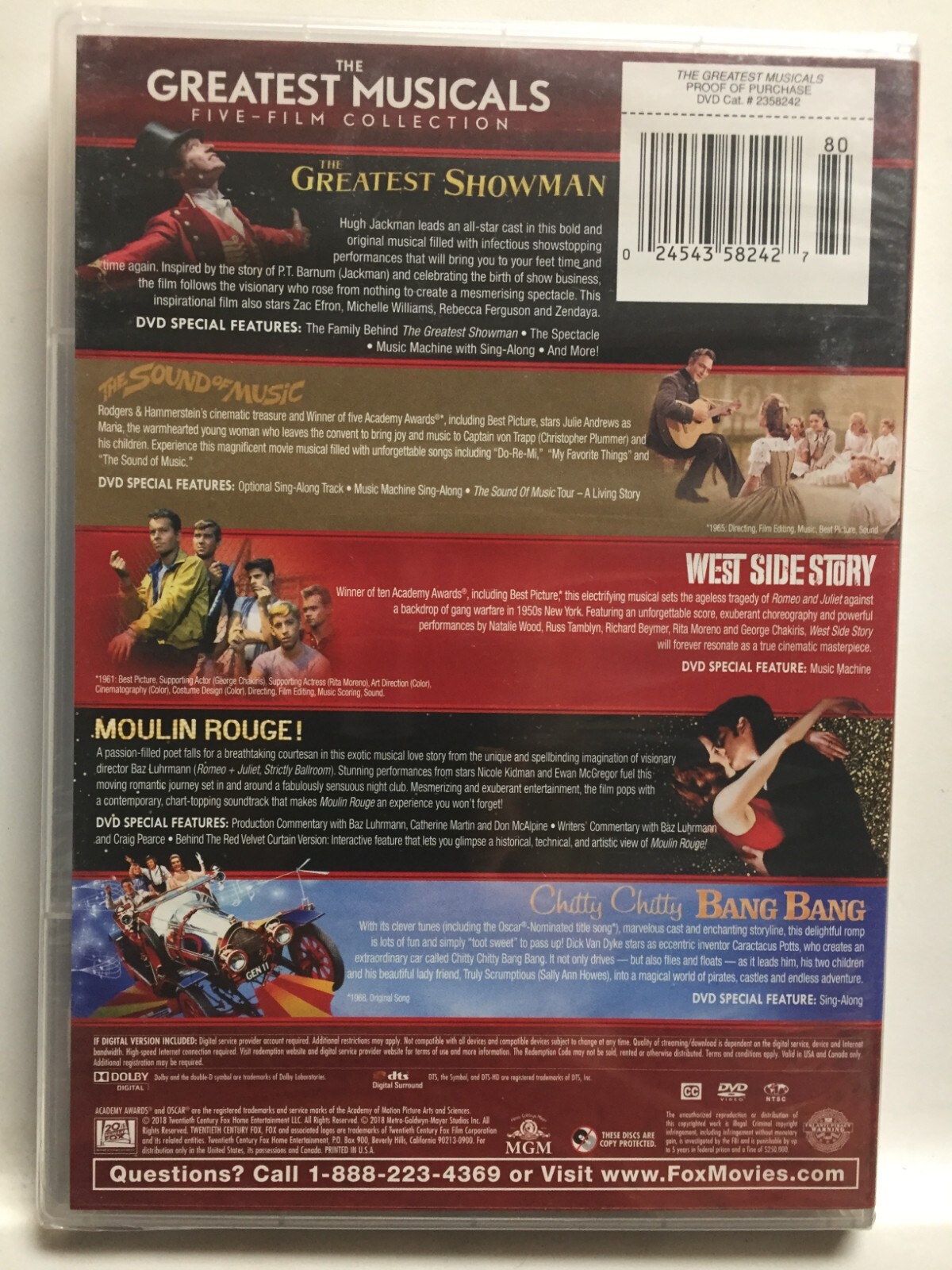 Greatest Showman/Sound of Music/West Side Story/Moulin Rouge/Chitty Bang DVD NEW