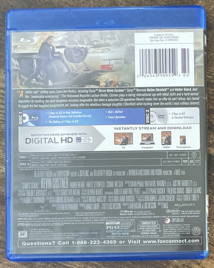 3 Days to Kill Blu-ray DVD 2-Disc Movie Set Kevin Costner F9552