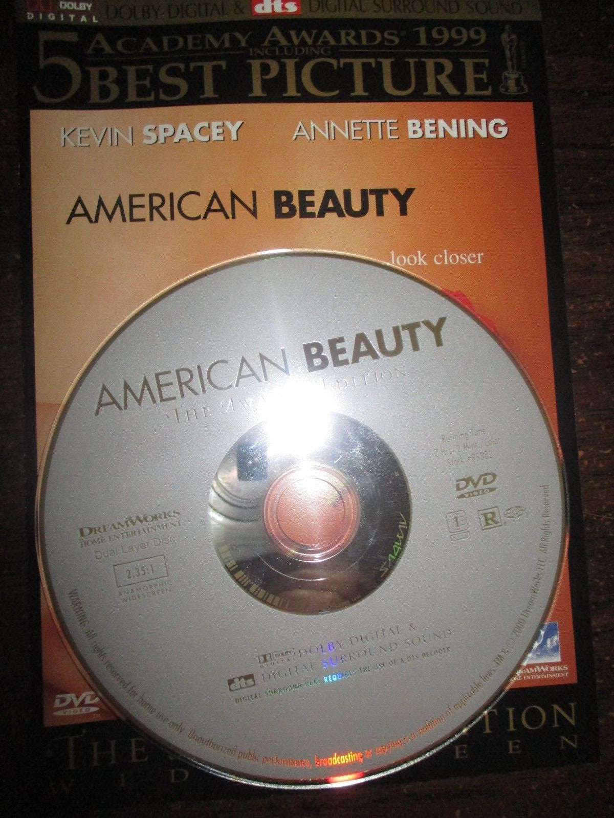 American Beauty (WS DVD) VERY GOOD DISC & PRODUCTION NOTES ONLY no case/outer ar