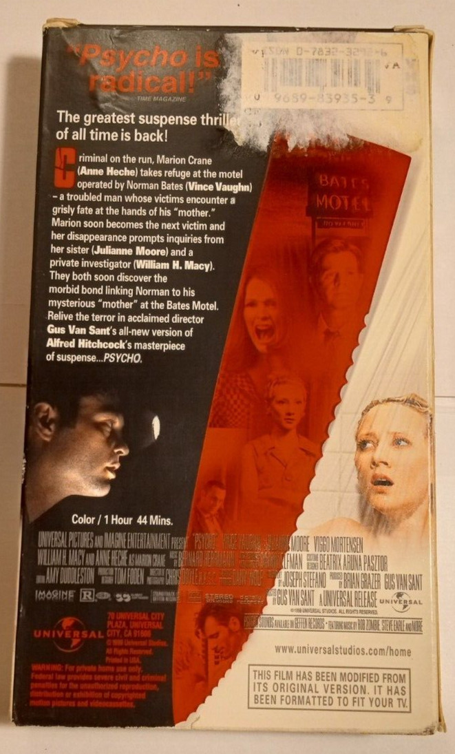 1999 (VHS) Director Gus Van Sant’s new version of Alfred Hitchcock’s PSYCHO