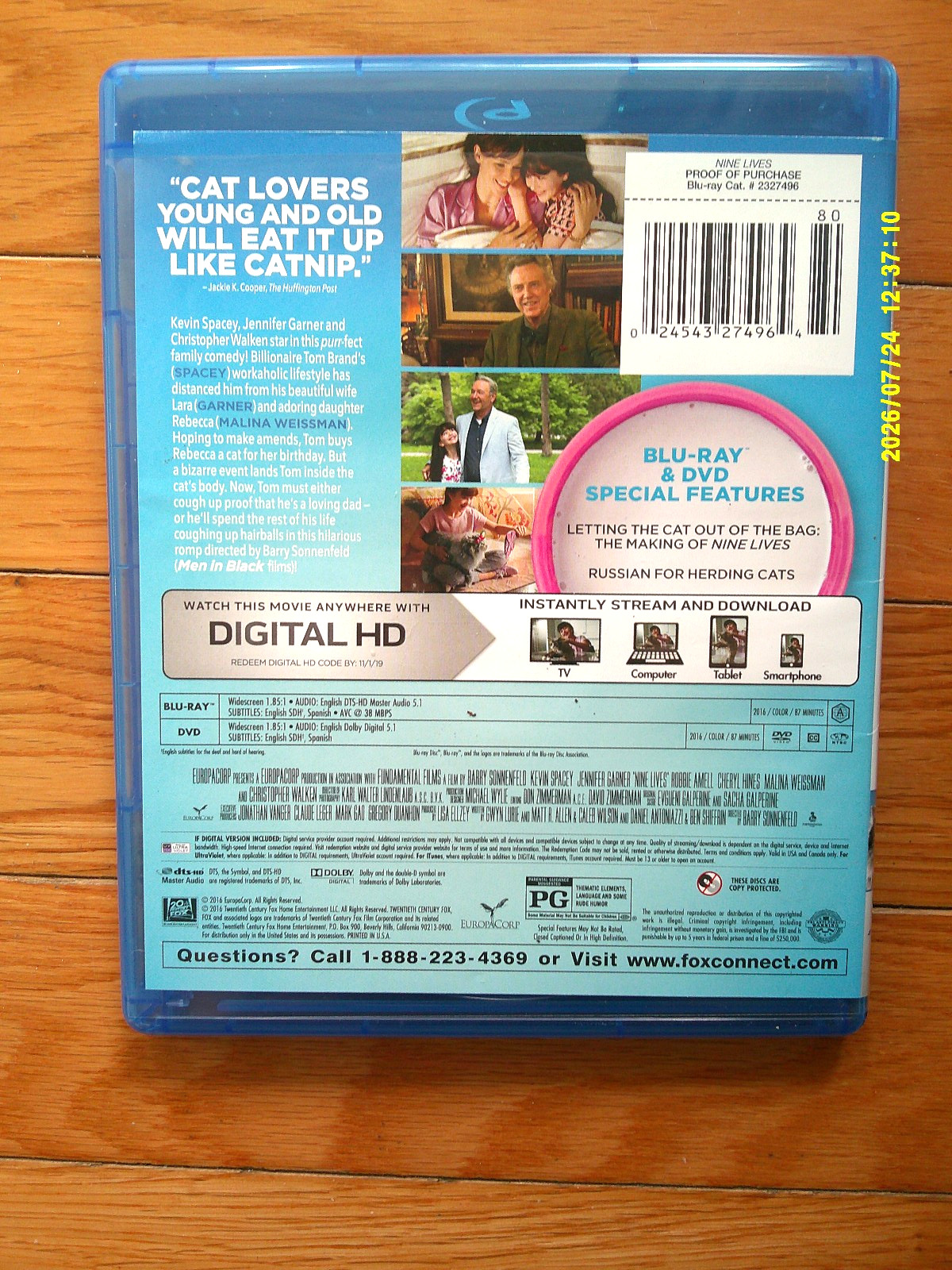 Nine Lives (Blu-Ray + DVD + Digital , 2016, WS) Jen Garner-K.Spacey-C.Walken