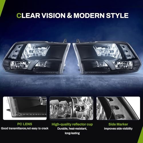 Headlights Assembly Compatible with 2009-2018 Black Housing Clear Reflector