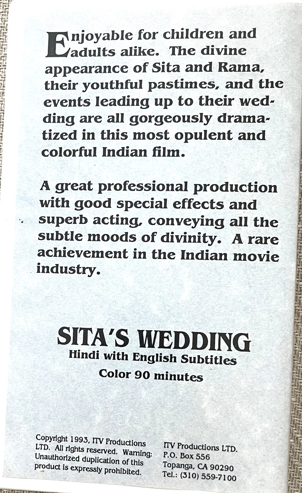SITA SWAYAMVAR 1976 Color VHS Classic Hindi Movie English Subtitled Jaya Prada