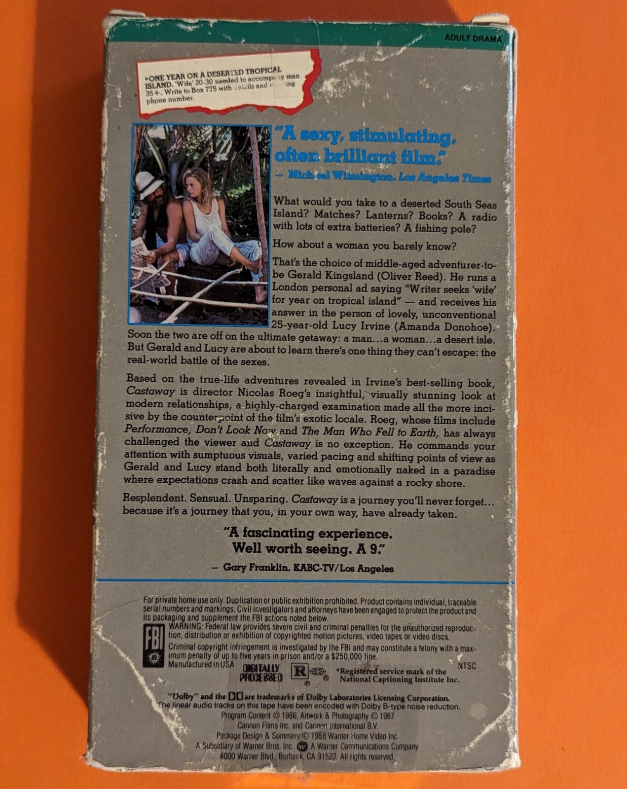 Castaway (1986 VHS) Nicolas Roeg Oliver Reed – Cannon Films – Kate Bush Song