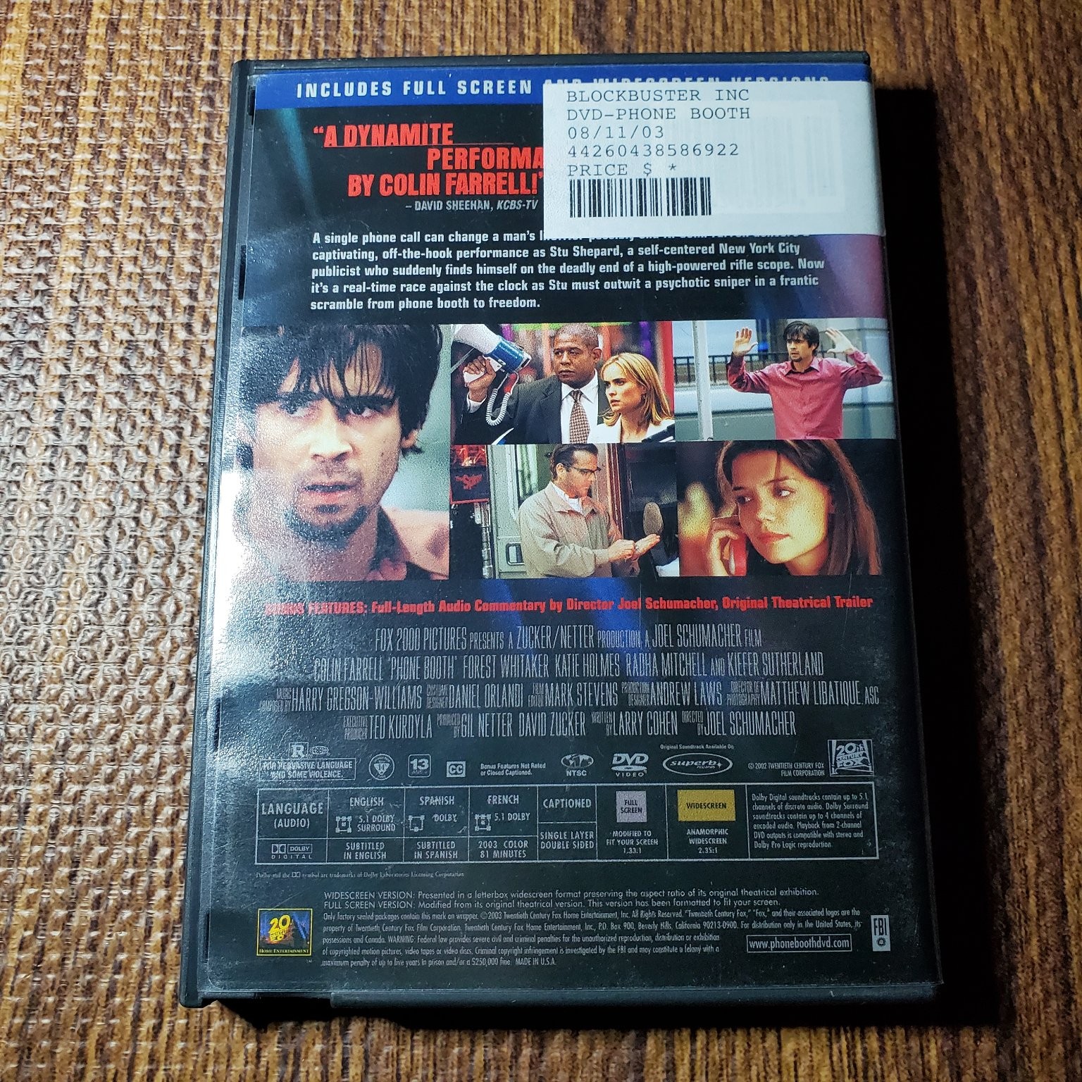 Phone Booth DVD 2003 Joel Schumacher Colin Farrell Forest Whitaker