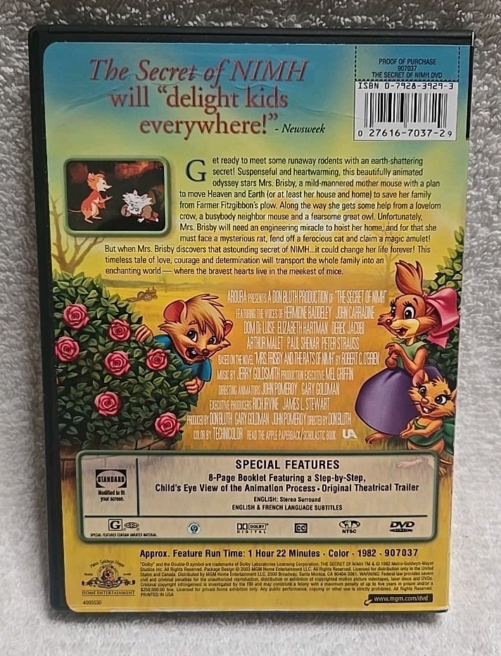 The Secret of NIMH 82″ (2002 MGM Home Entertainment DVD, Don Bluth, G, Family)