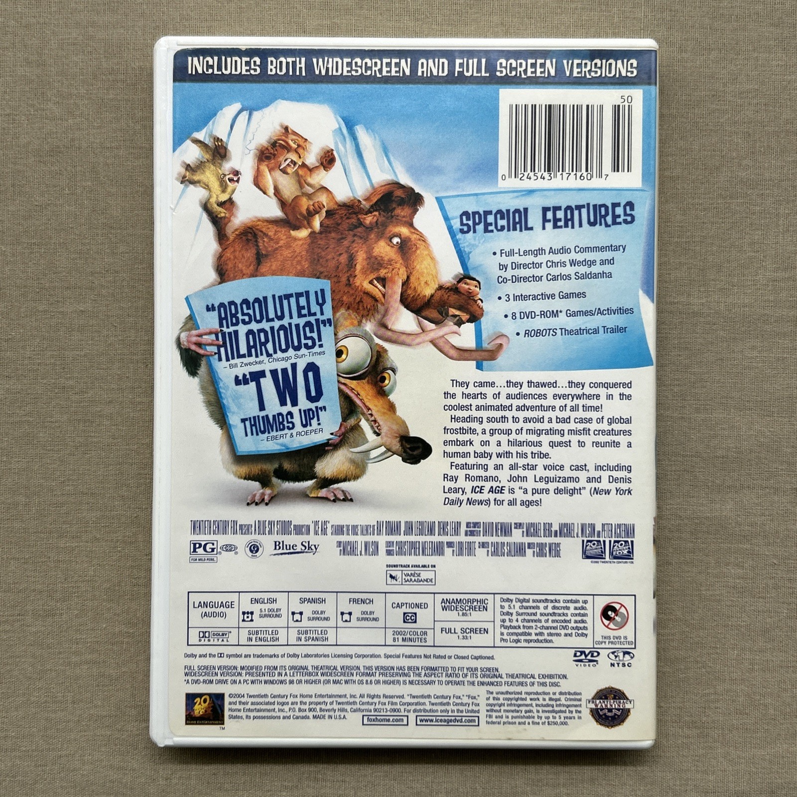 Ice Age (1) (DVD 2002 FS & WS) Animation Comedy Prehistoric Animal Adventure +