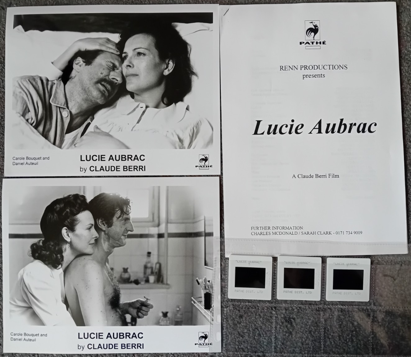 LOT OF 2 ORIGINAL PRESS PHOTOS + 3 35mm SLIDES & PRODUCTION NOTES LUCIE AUBRAC