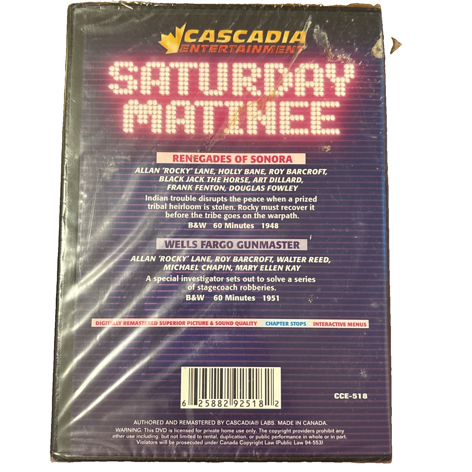 Saturday Matinee Renegades Of Sonora/Wells Fargo Gunmaster Rocky Lane Series DVD