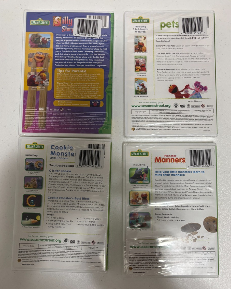 Sesame Street DVD Lot of 4 Cookie Monster, Silly Storytime, Pets, Monster Manner