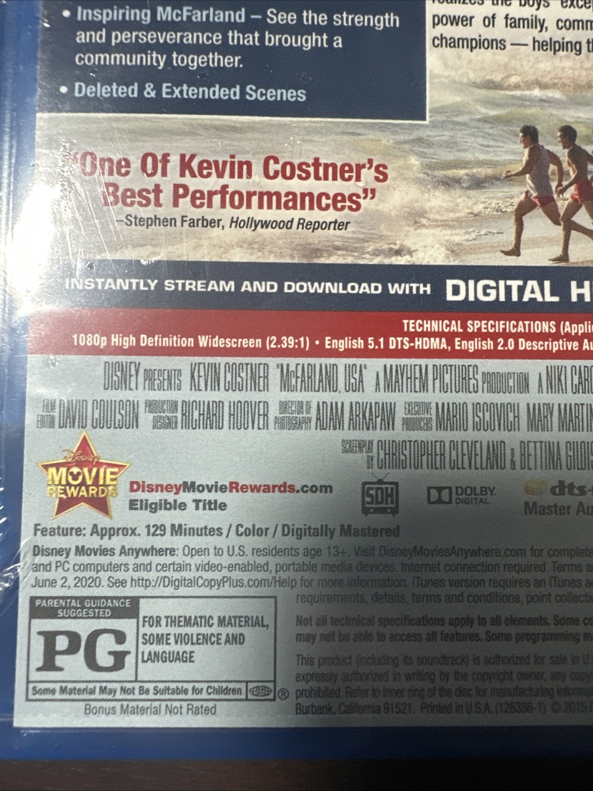 Disney McFarland, USA (Blu-ray, 2015) New Kevin Costner Running Cross Country