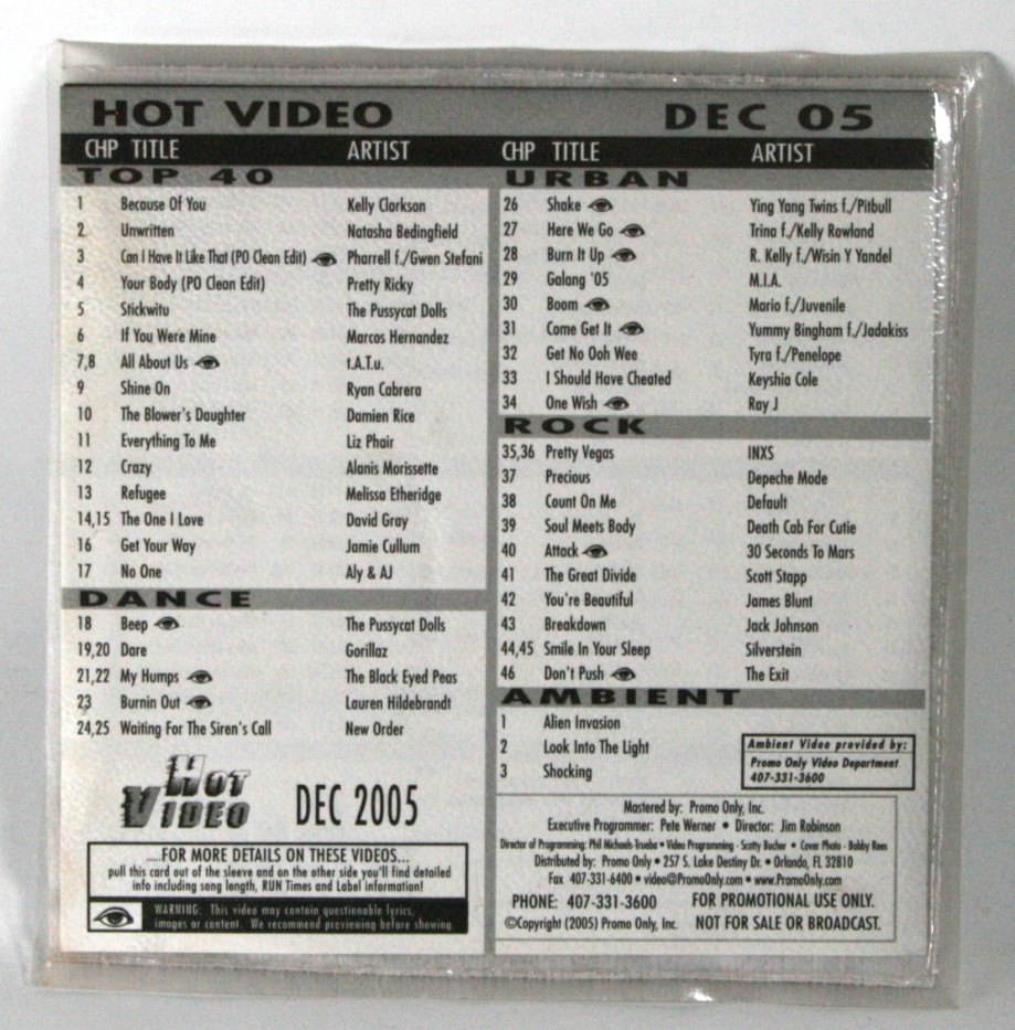 Promo Only Dvd – Hot Video – Dec 2005 Pharrell Gwen Stefani Liz Phair M.I.A.
