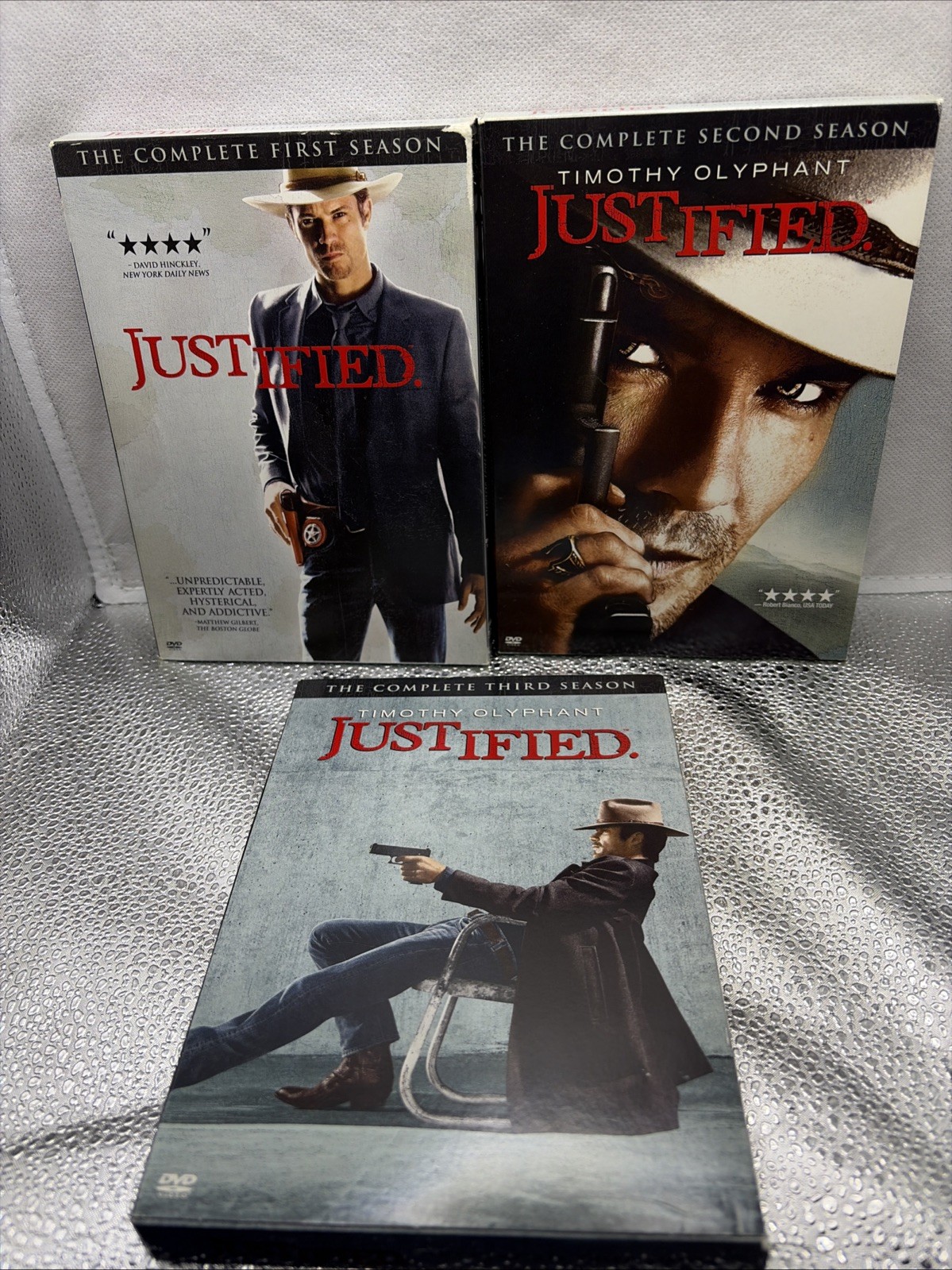 JUSTIFIED THE COMPLETE SEASONS 1 ,2,3 DVD LOT OF (3) TIMOTHY OLYPHANT