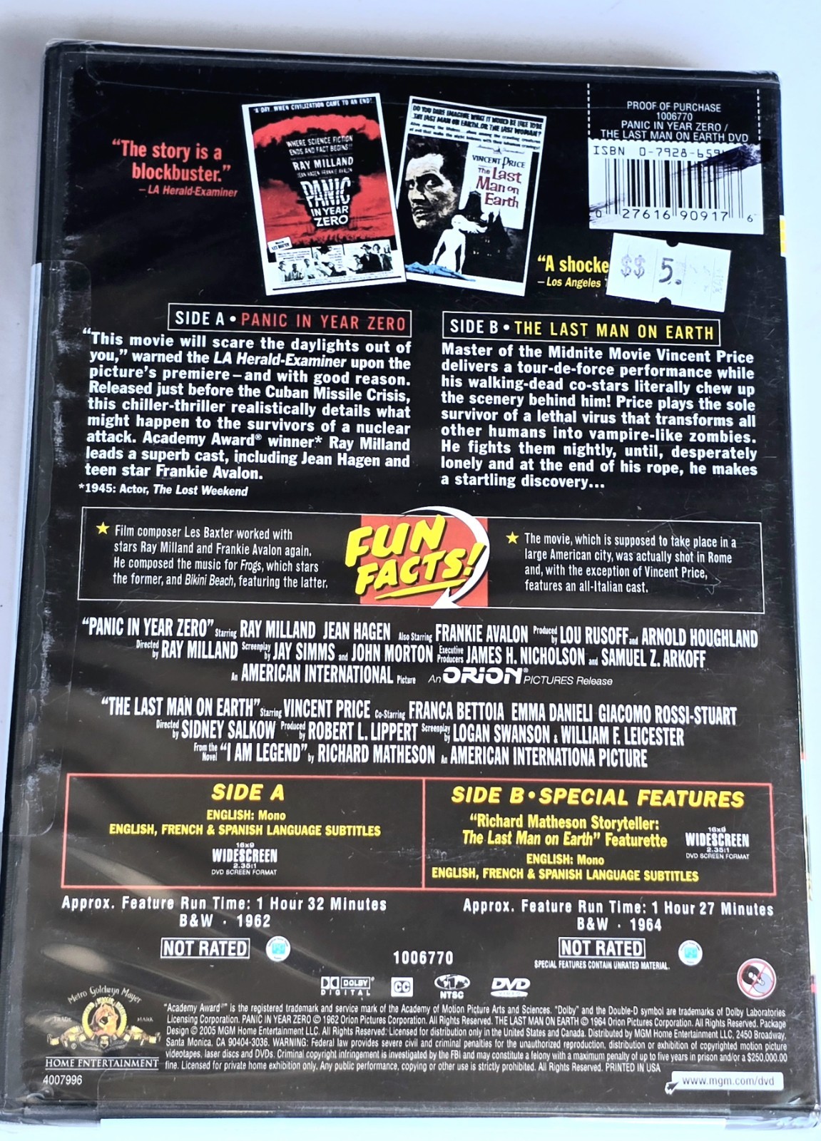 Midnite Movies Panic In Year Zero / The Last Man On Earth DVD Vincent Price NEW