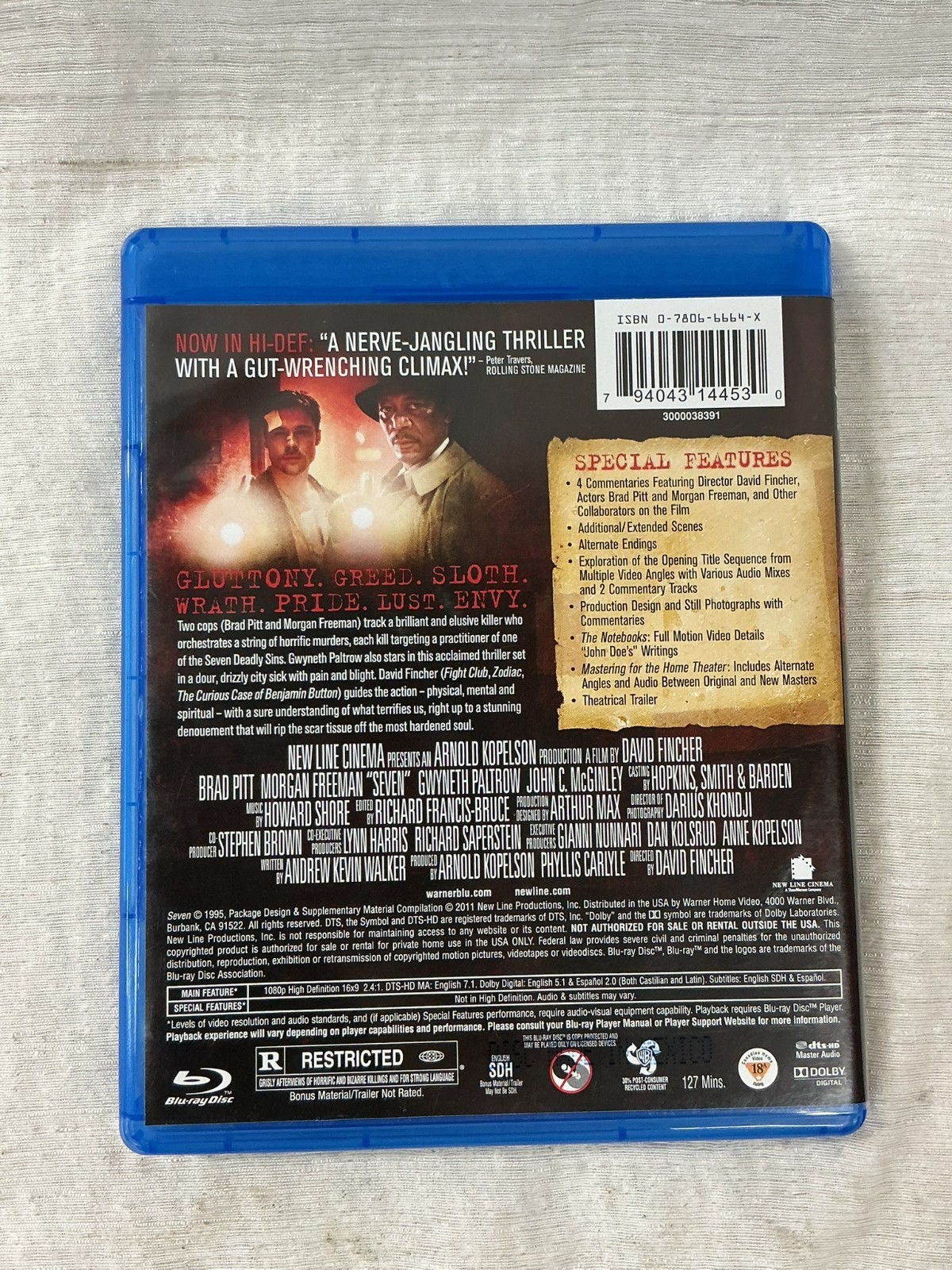Seven (Blu-ray, 1995) Se7en Brad Pitt Morgan Freeman Free Shipping!