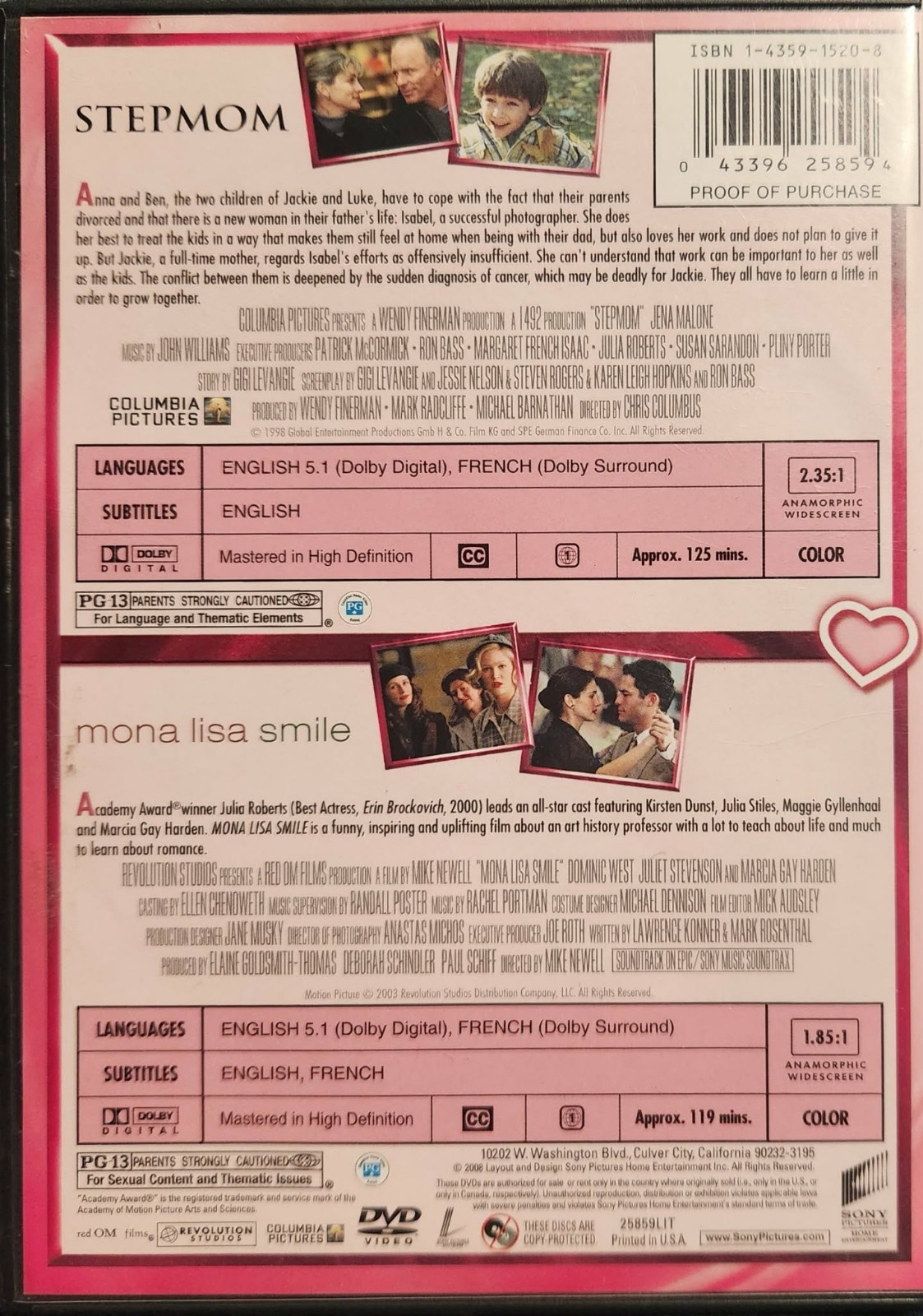 Stepmom / Mona Lisa Smile (DVD, 2008) Double Feature Julia Roberts [VG]