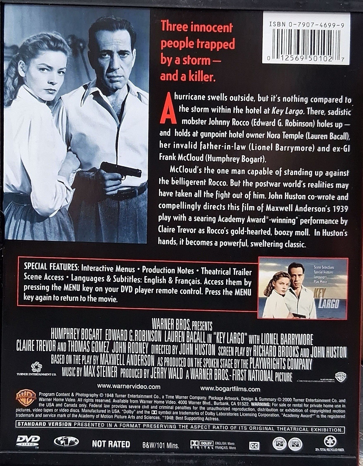 Key Largo DVD Humphrey Bogart Lauren Bacall John Huston Classic Film Noir