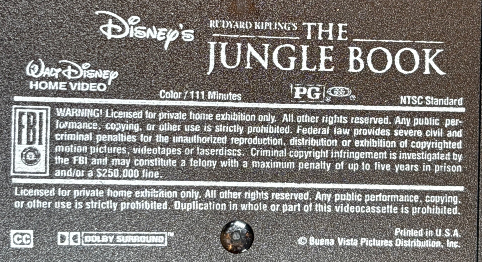 Walt Disney’s Rudyard Kipling’s – The Jungle Book VHS 4604 Rated PG 111 Minutes