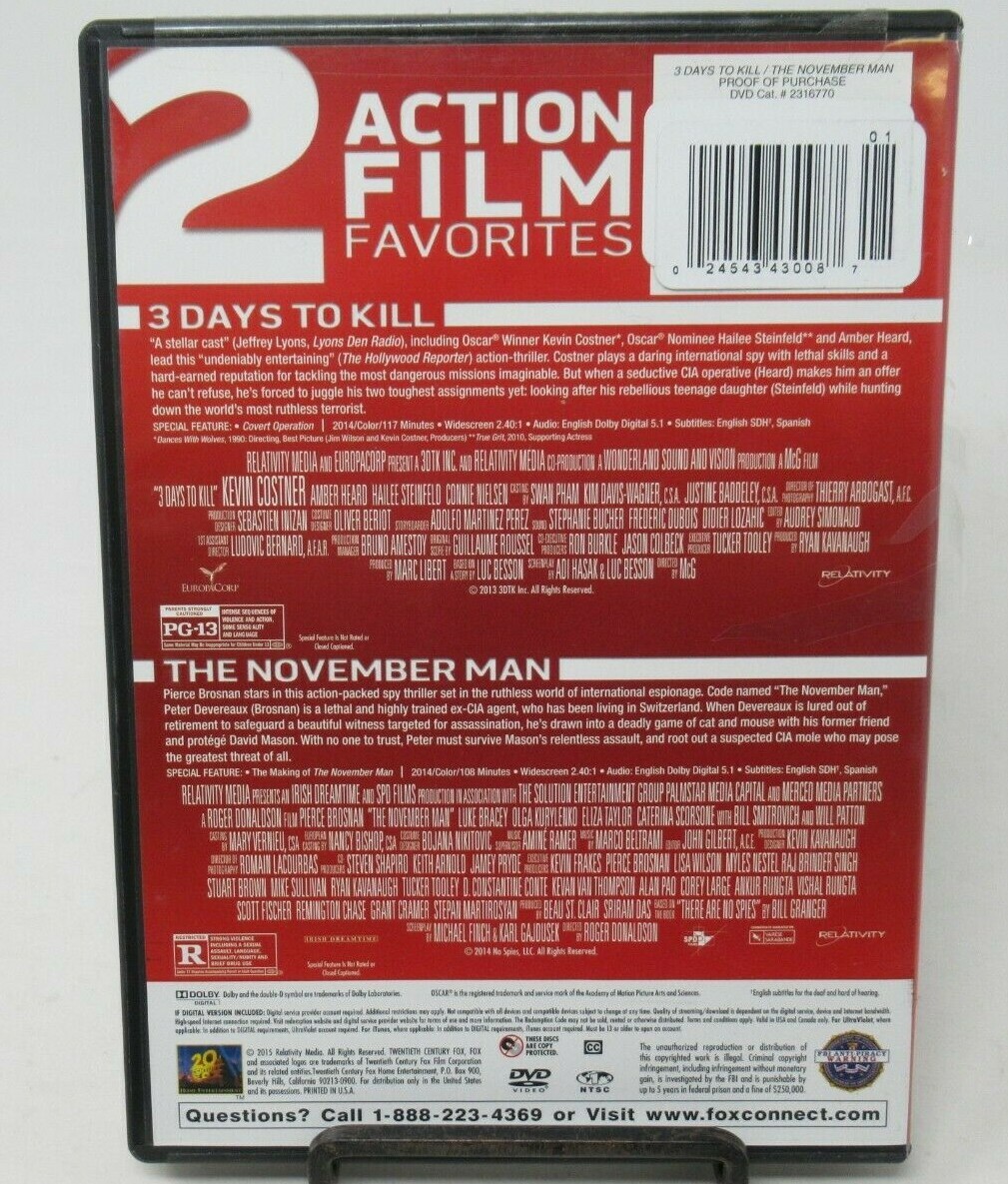 3 DAYS TO KILL / NOVEMBER MAN DOUBLE FEATURE 2-DISC DVD + DIGITAL SET, KEVIN C.