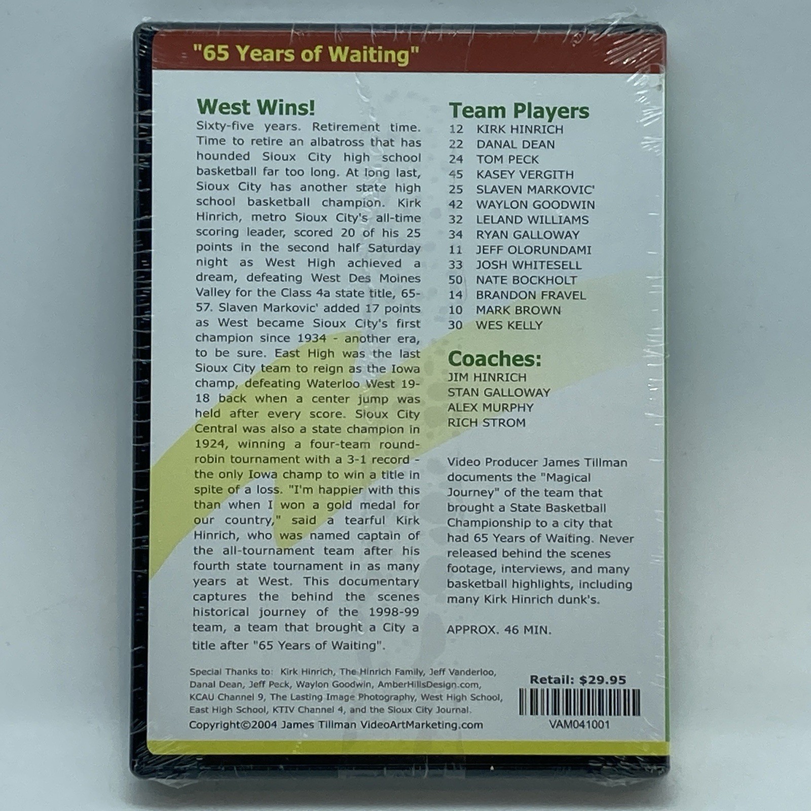 65 Years of Waiting: Sioux City West 1998-99 Basketball Championship DVD NEW