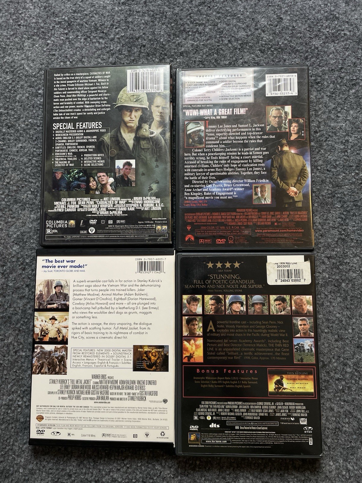 Military War Movies Set Of 4 Full Metal Jacket Thin Red Line Casualties Of War
