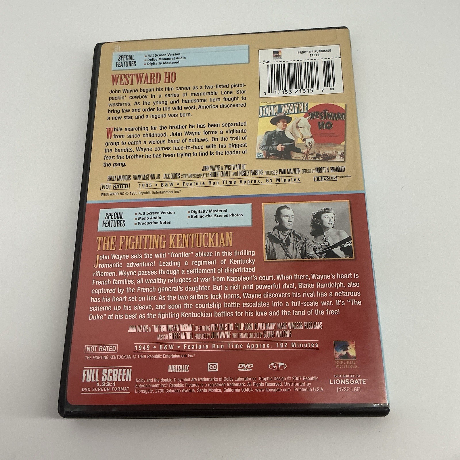 Westward Ho/The Fighting Kentuckian (DVD, 2007) Double Feature