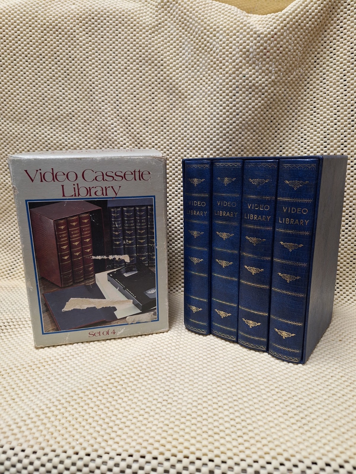 Vintage Faux Vinyl VHS Tape Storage Cases Set – “Video Library” Book Style