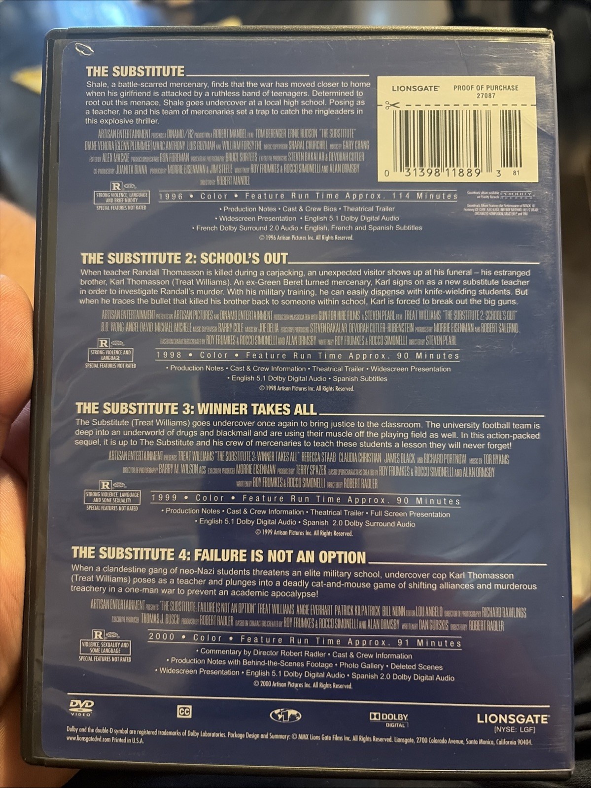 The Substitute 1-4 (DVD) 4 Film Set Tom Berenger Treat Williams 1, 2, 3, 4 OOP