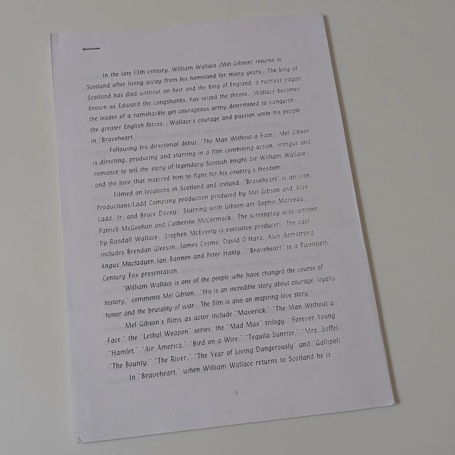 BRAVEHEART (1995) *Extensive* Production Notes [A4, approx. 50 pages] Mel Gibson