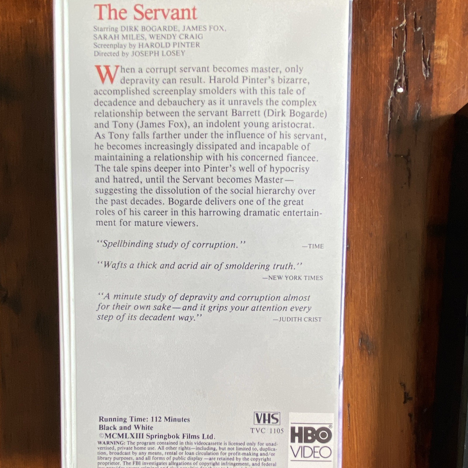 HBO Video The Servant VHS Tape Dirk Bogarde James Fox Drama 1963 B&W