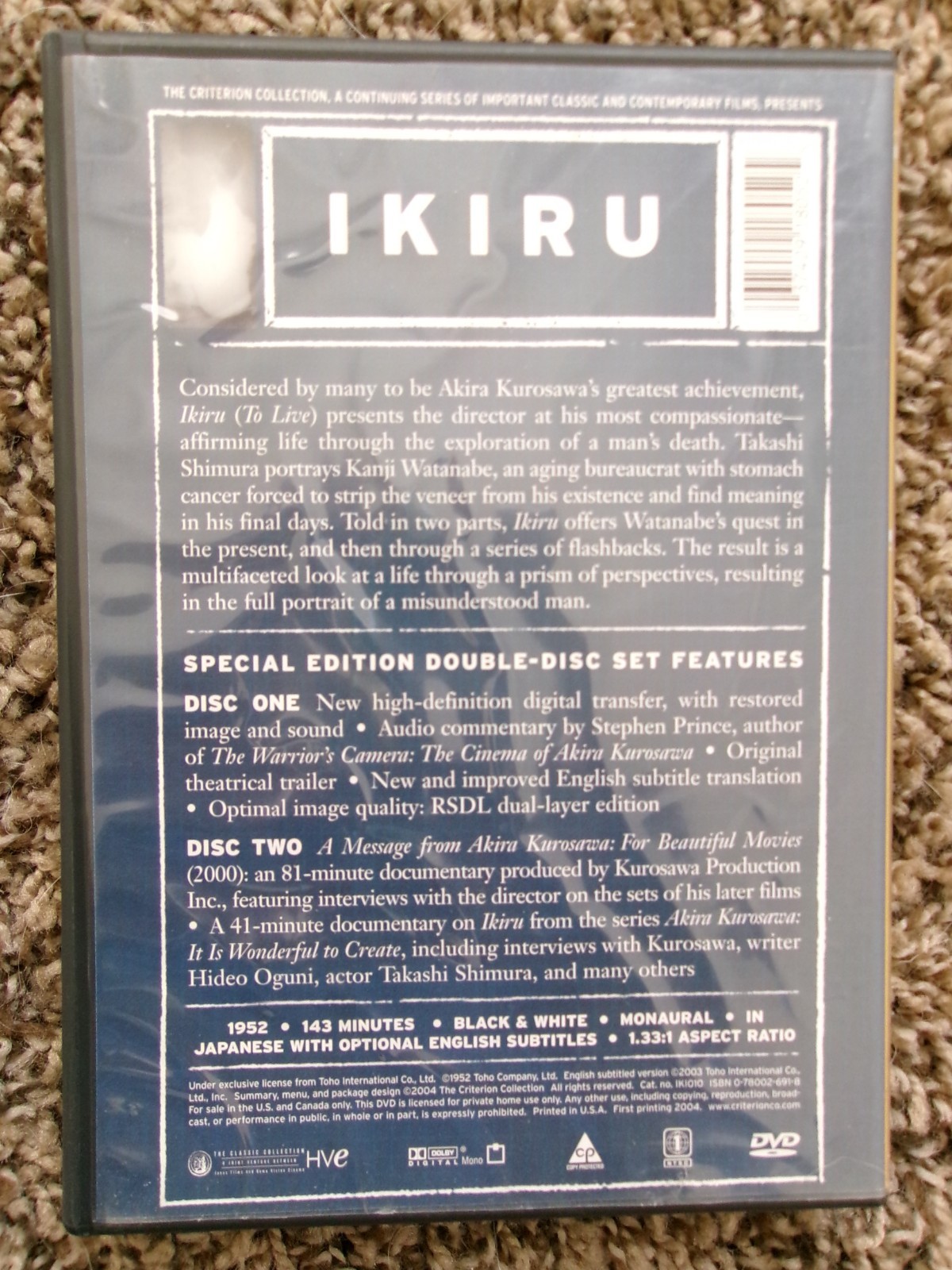 4 Kurosawa films: Ikiru, Red Beard, Bad Sleep Well, Stray Dog, Criterion DVDs
