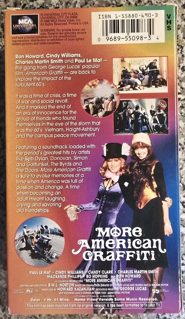 MORE AMERICAN GRAFFITI (vhs) Ron Howard, Paul Le Mat, Cindy Williams. VG. Rare