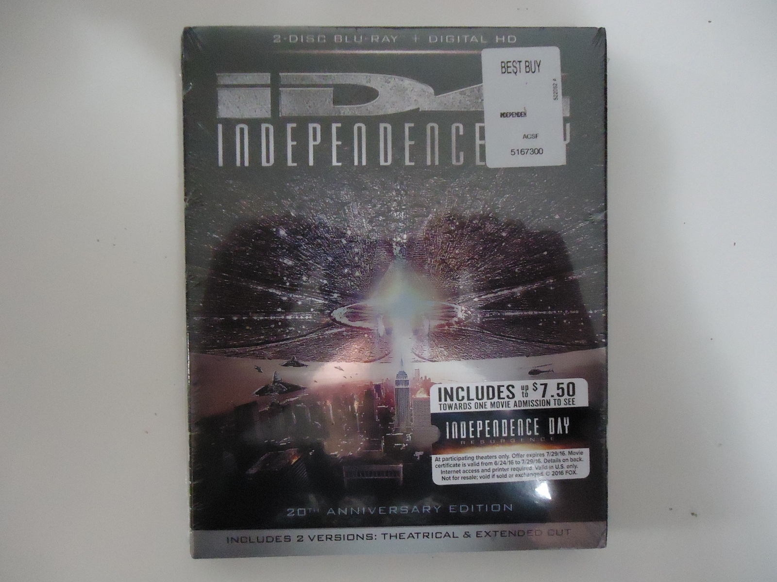 Independence Day (Blu-ray Disc, 2016, 2-Disc, Digital HD) NEW w/slipcover