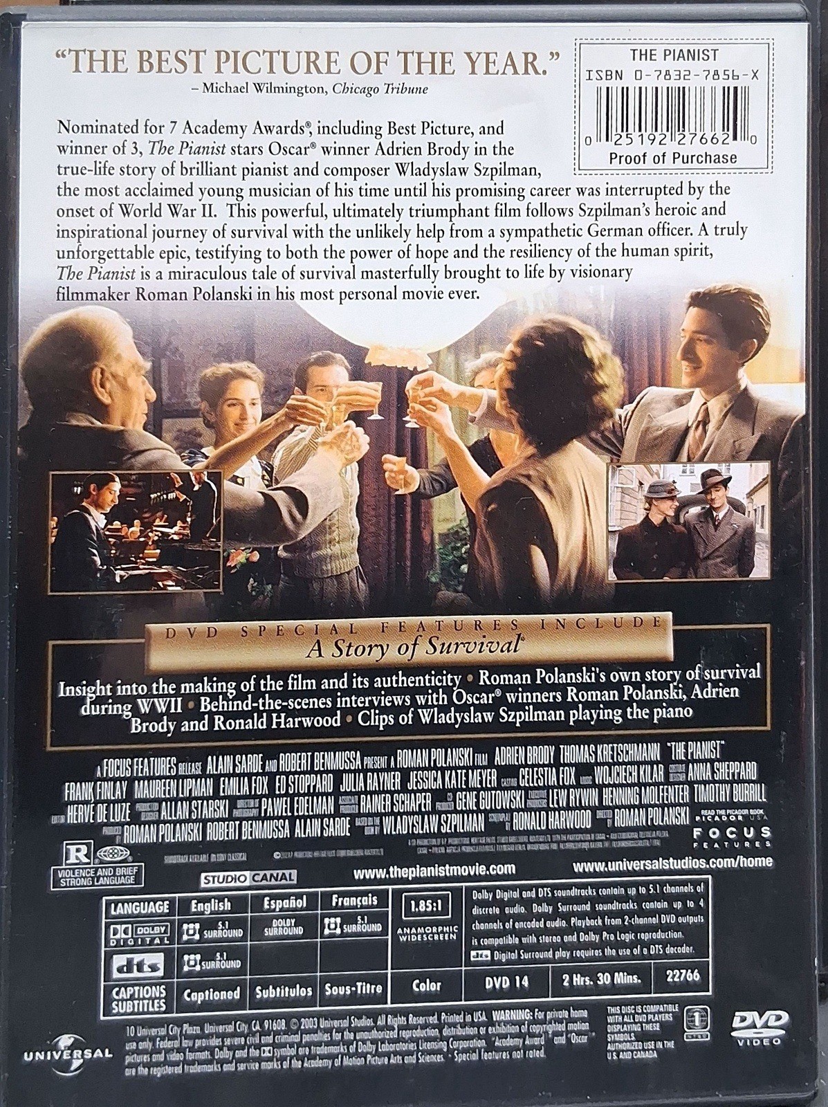 The Pianist DVD Adrien Brody Widescreen Focus Features WWII Drama 2003