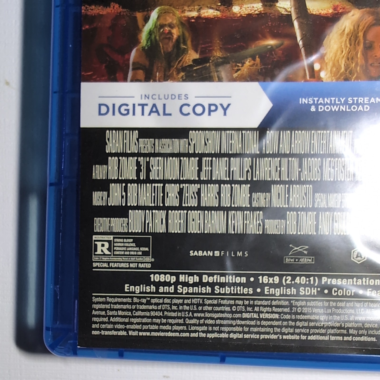 31 (2016 Blu-ray) Horror,Thriller Rob Zombie Film EXTREME VIOLENCE “R” 103 min