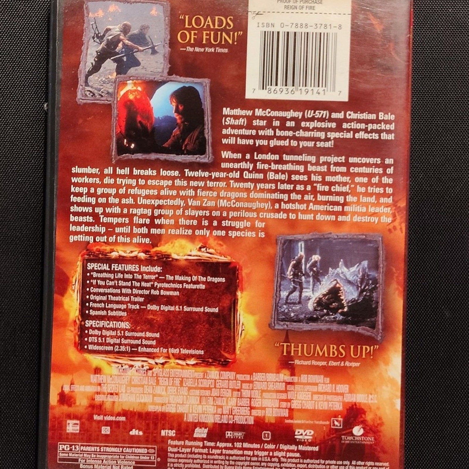 Reign of Fire (2002) DVD with Matthew McConaughey, Christian Bale, Gerard Butler