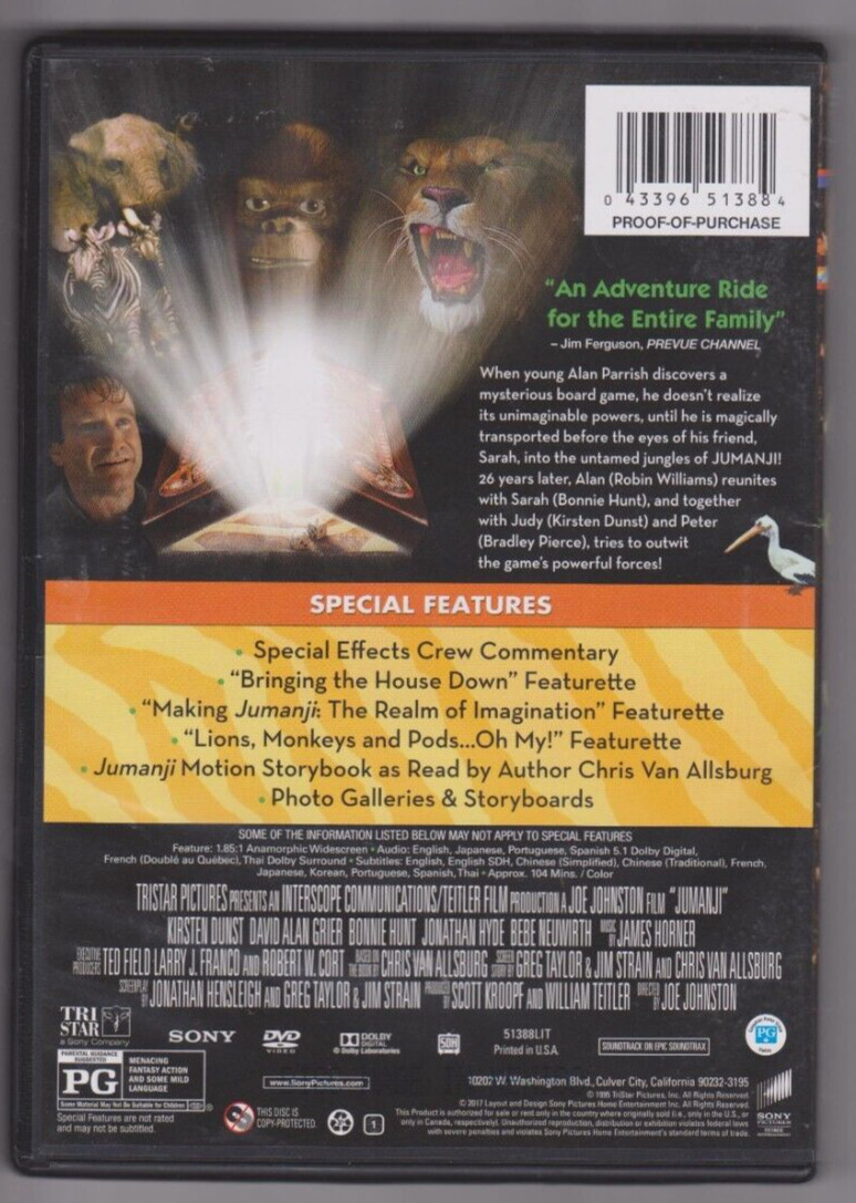 Jumanji (DVD, 1995) Robin Williams. Action. Adventure. SciFi. Board Game