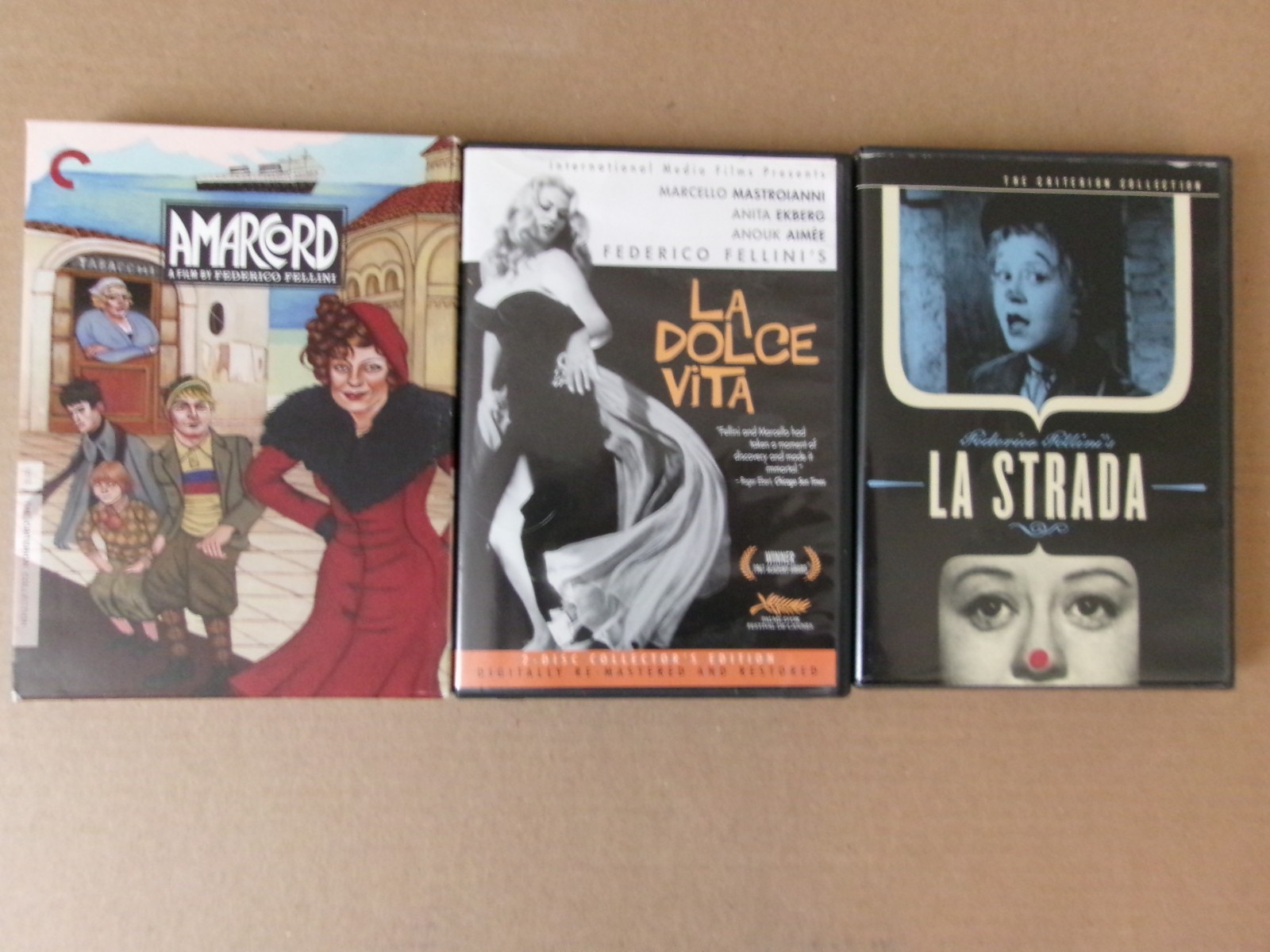 3 Fellini films: Amarcord, La Dolce Vita and La Strada, DVDs