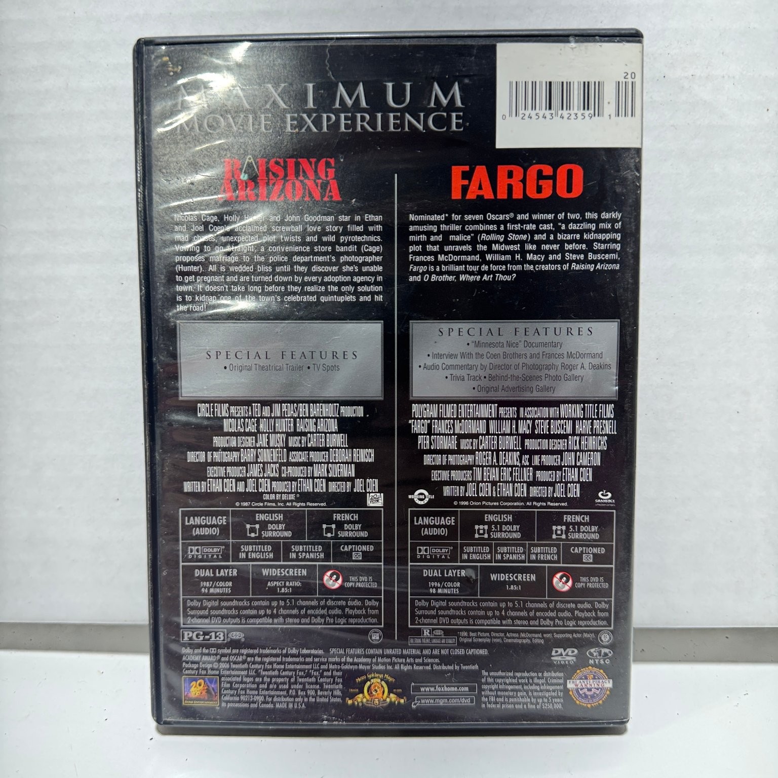 Raising Arizona Fargo 2-DVD Set 1987 1996 Joel Coen Ethan Coen