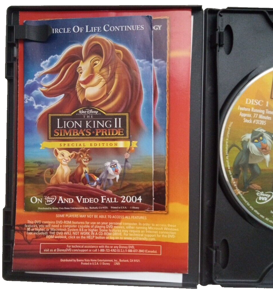 The Lion King 1 1/2, Two DVD Set, Walt Disney, Plus Bonus Features, 2004, 77 Min