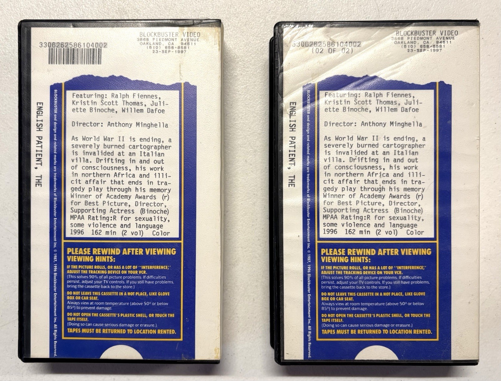 The English Patient, Part 1 & 2 VHS Tapes – Blockbuster Clamshell Rental (1996)