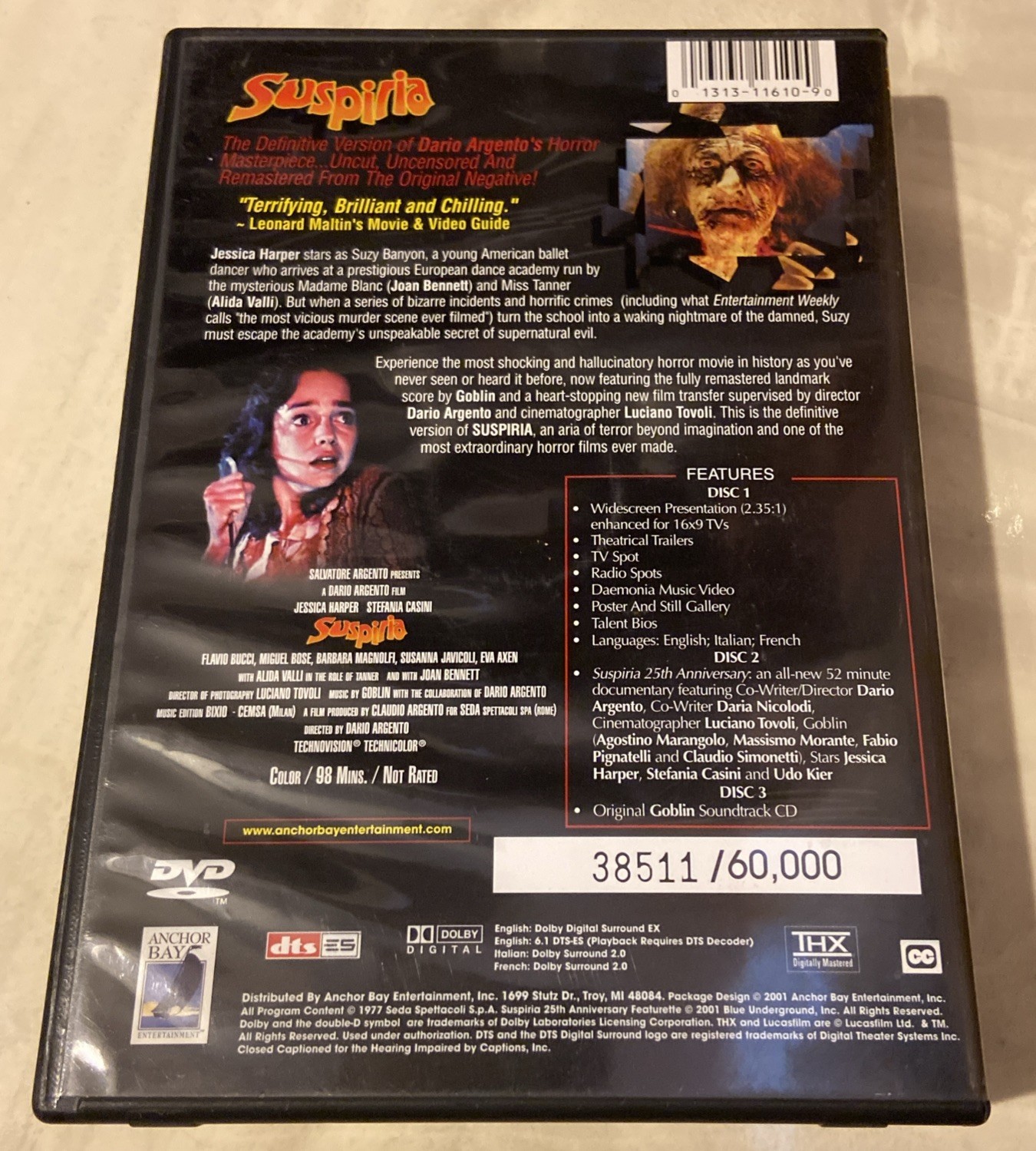 Suspiria (DVD, 2001, 3-Disc Set, Limited Edition Contains Original Soundtrack CD