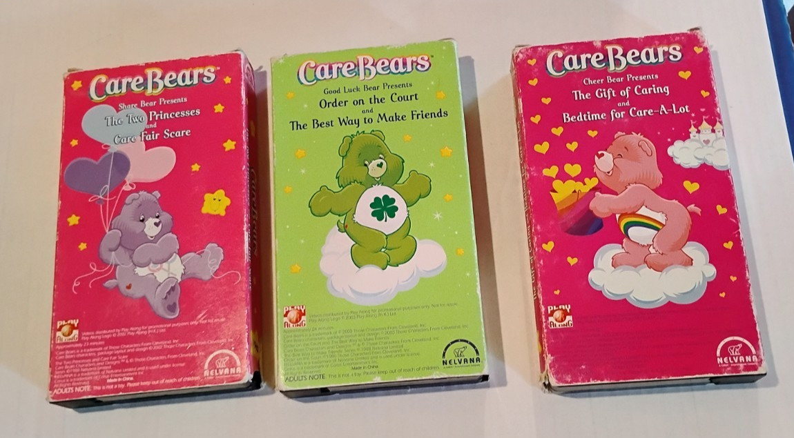 Care Bears VHS, Lot 0f 3, Share Bear, Good Luck Bear, and Cheer Bear