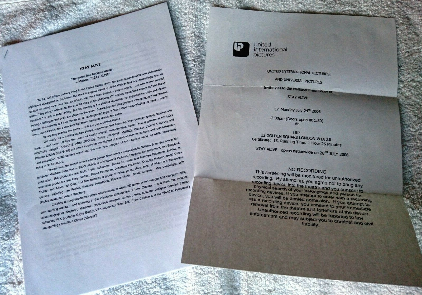 Stay Alive Premier Press Pack Media Kit Production Notes