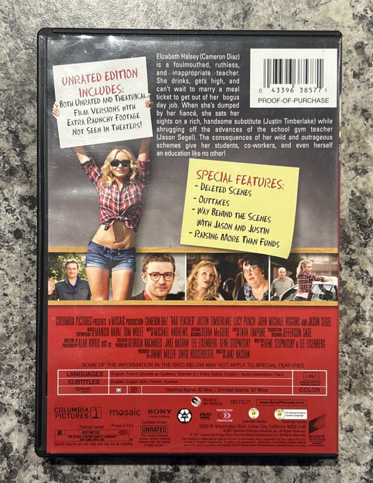 Bad Teacher (DVD, 2011) — Pre-owned UNRATED EDITION Very Good Condition Working