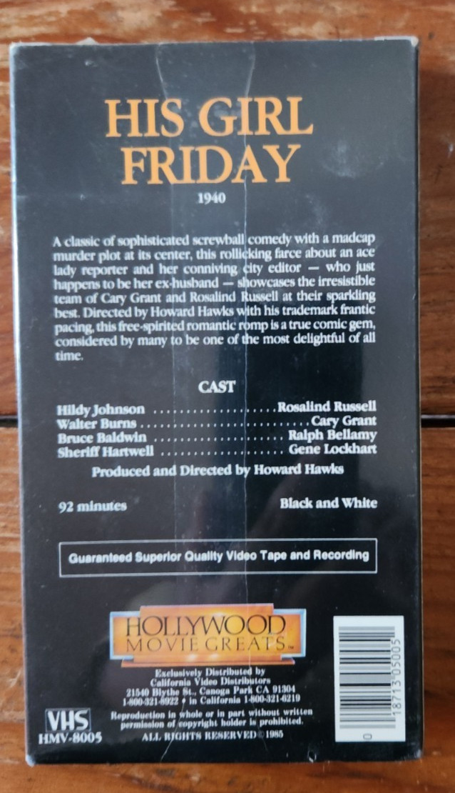 His Girl Friday (VHS) Hollywood Movie Greats Carly Grant Rosalind Russell NEW